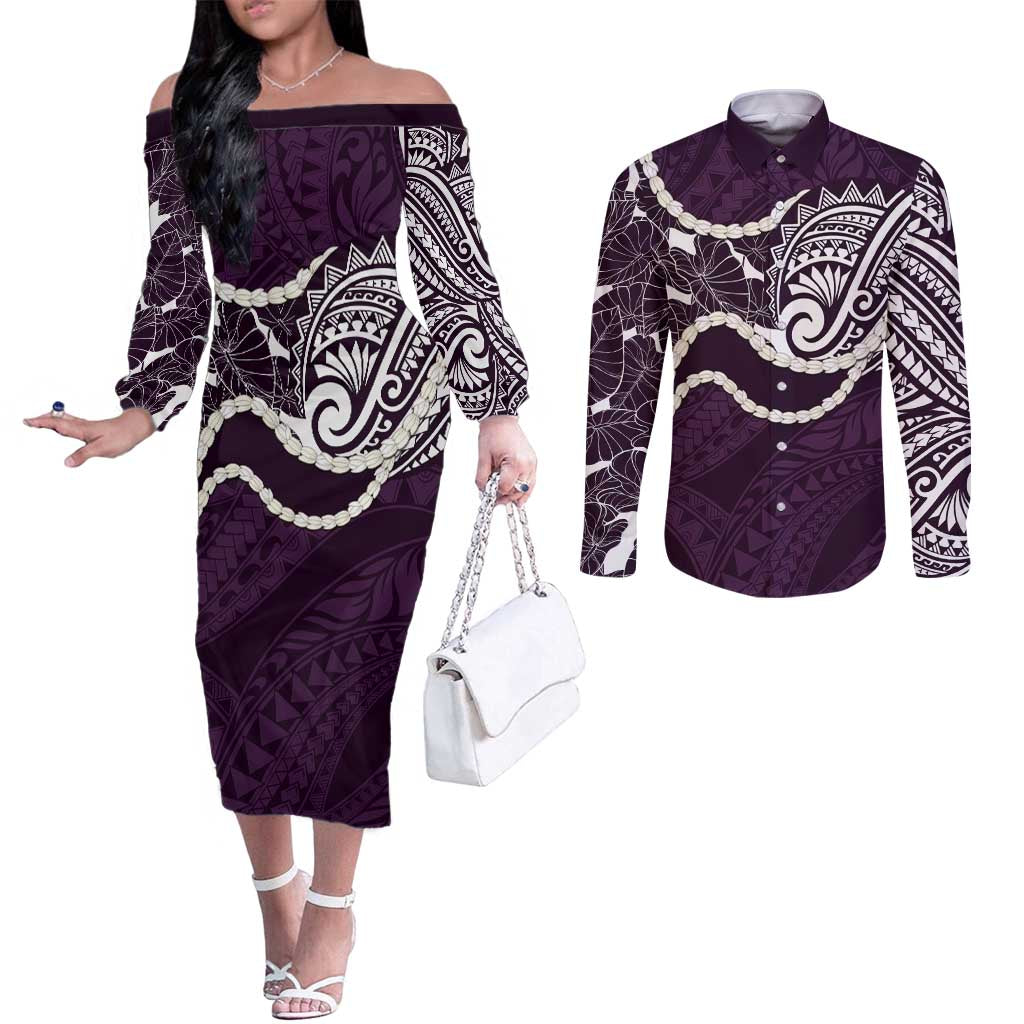Aloha Hawaii Kalo Pikake Lei Couples Matching Off The Shoulder Long Sleeve Dress and Long Sleeve Button Shirt Chest Tattoo Purple Hawaiian Pattern LT14 Purple - Polynesian Pride