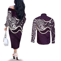 Aloha Hawaii Kalo Pikake Lei Couples Matching Off The Shoulder Long Sleeve Dress and Long Sleeve Button Shirt Chest Tattoo Purple Hawaiian Pattern LT14 - Polynesian Pride
