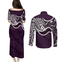 Aloha Hawaii Kalo Pikake Lei Couples Matching Puletasi and Long Sleeve Button Shirt Chest Tattoo Purple Hawaiian Pattern LT14 - Polynesian Pride