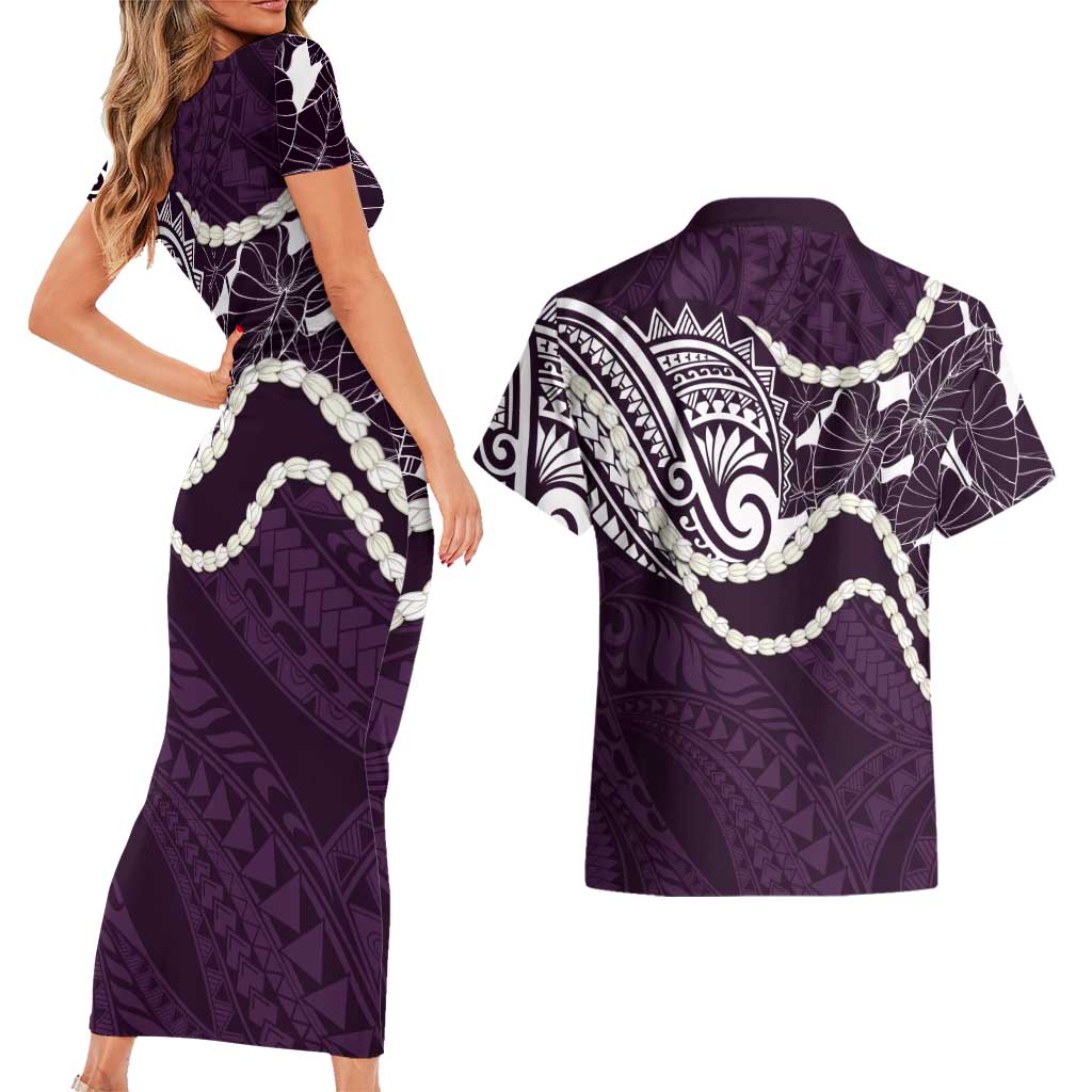 Aloha Hawaii Kalo Pikake Lei Couples Matching Short Sleeve Bodycon Dress and Hawaiian Shirt Chest Tattoo Purple Hawaiian Pattern LT14 - Polynesian Pride