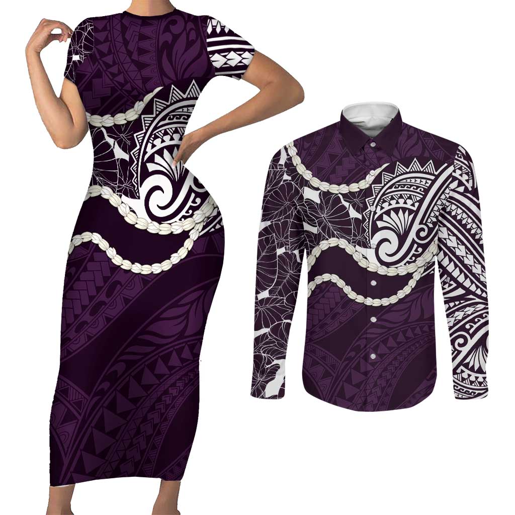 Aloha Hawaii Kalo Pikake Lei Couples Matching Short Sleeve Bodycon Dress and Long Sleeve Button Shirt Chest Tattoo Purple Hawaiian Pattern LT14 Purple - Polynesian Pride