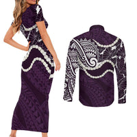 Aloha Hawaii Kalo Pikake Lei Couples Matching Short Sleeve Bodycon Dress and Long Sleeve Button Shirt Chest Tattoo Purple Hawaiian Pattern LT14 - Polynesian Pride