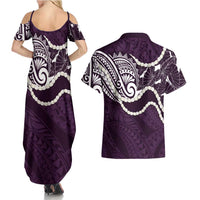 Aloha Hawaii Kalo Pikake Lei Couples Matching Summer Maxi Dress and Hawaiian Shirt Chest Tattoo Purple Hawaiian Pattern LT14 - Polynesian Pride