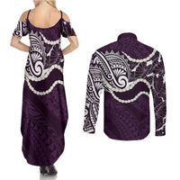 Aloha Hawaii Kalo Pikake Lei Couples Matching Summer Maxi Dress and Long Sleeve Button Shirt Chest Tattoo Purple Hawaiian Pattern