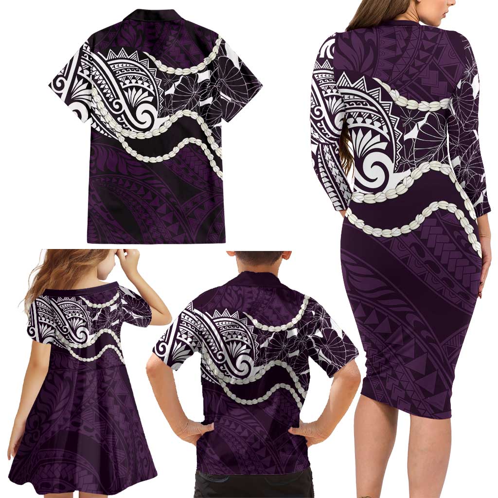 Aloha Hawaii Kalo Pikake Lei Family Matching Long Sleeve Bodycon Dress and Hawaiian Shirt Chest Tattoo Purple Hawaiian Pattern LT14 - Polynesian Pride
