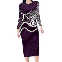 Aloha Hawaii Kalo Pikake Lei Family Matching Long Sleeve Bodycon Dress and Hawaiian Shirt Chest Tattoo Purple Hawaiian Pattern LT14 Mom's Dress Purple - Polynesian Pride