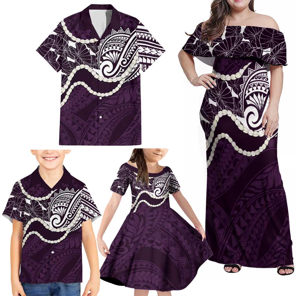 Aloha Hawaii Kalo Pikake Lei Family Matching Off Shoulder Maxi Dress and Hawaiian Shirt Chest Tattoo Purple Hawaiian Pattern