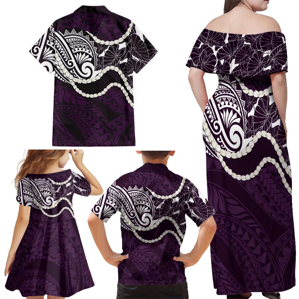 Aloha Hawaii Kalo Pikake Lei Family Matching Off Shoulder Maxi Dress and Hawaiian Shirt Chest Tattoo Purple Hawaiian Pattern LT14 - Polynesian Pride