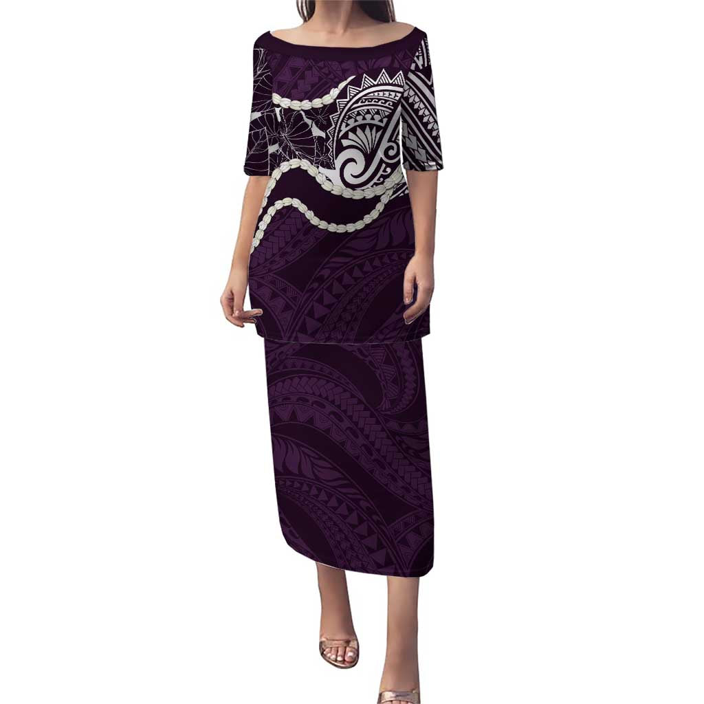 Aloha Hawaii Kalo Pikake Lei Family Matching Puletasi and Hawaiian Shirt Chest Tattoo Purple Hawaiian Pattern LT14 Mom's Dress Purple - Polynesian Pride