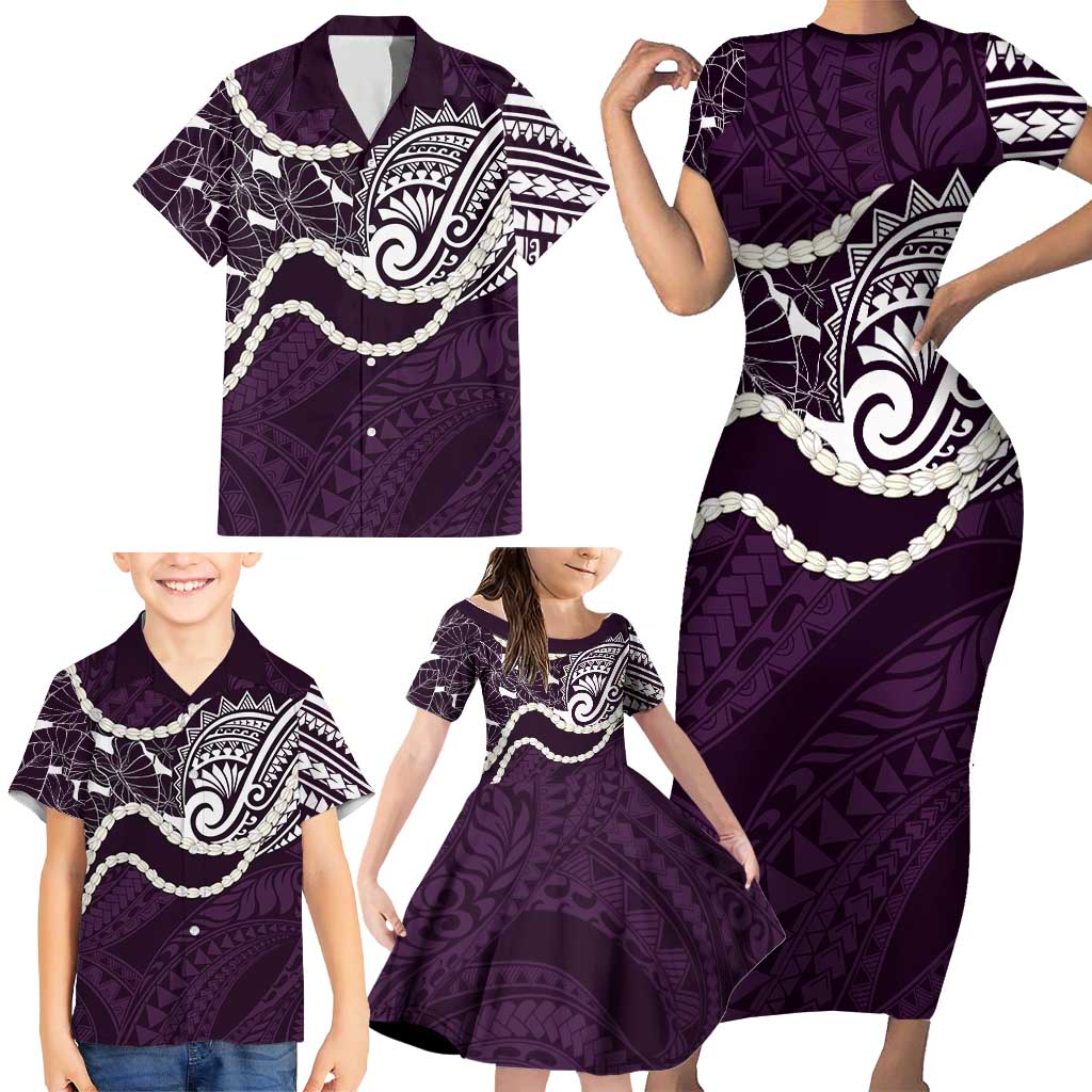 Aloha Hawaii Kalo Pikake Lei Family Matching Short Sleeve Bodycon Dress and Hawaiian Shirt Chest Tattoo Purple Hawaiian Pattern LT14 - Polynesian Pride