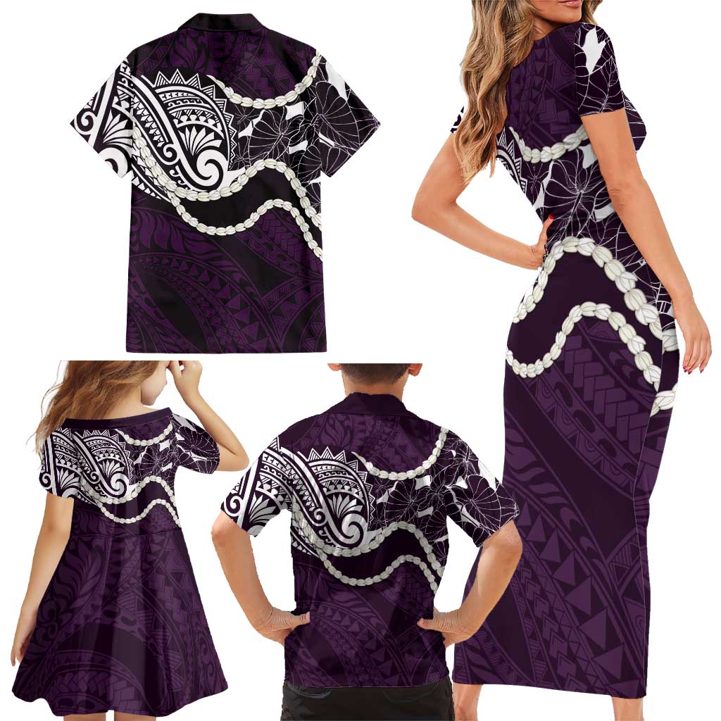 Aloha Hawaii Kalo Pikake Lei Family Matching Short Sleeve Bodycon Dress and Hawaiian Shirt Chest Tattoo Purple Hawaiian Pattern LT14 - Polynesian Pride