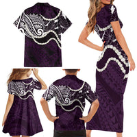 Aloha Hawaii Kalo Pikake Lei Family Matching Short Sleeve Bodycon Dress and Hawaiian Shirt Chest Tattoo Purple Hawaiian Pattern LT14 - Polynesian Pride