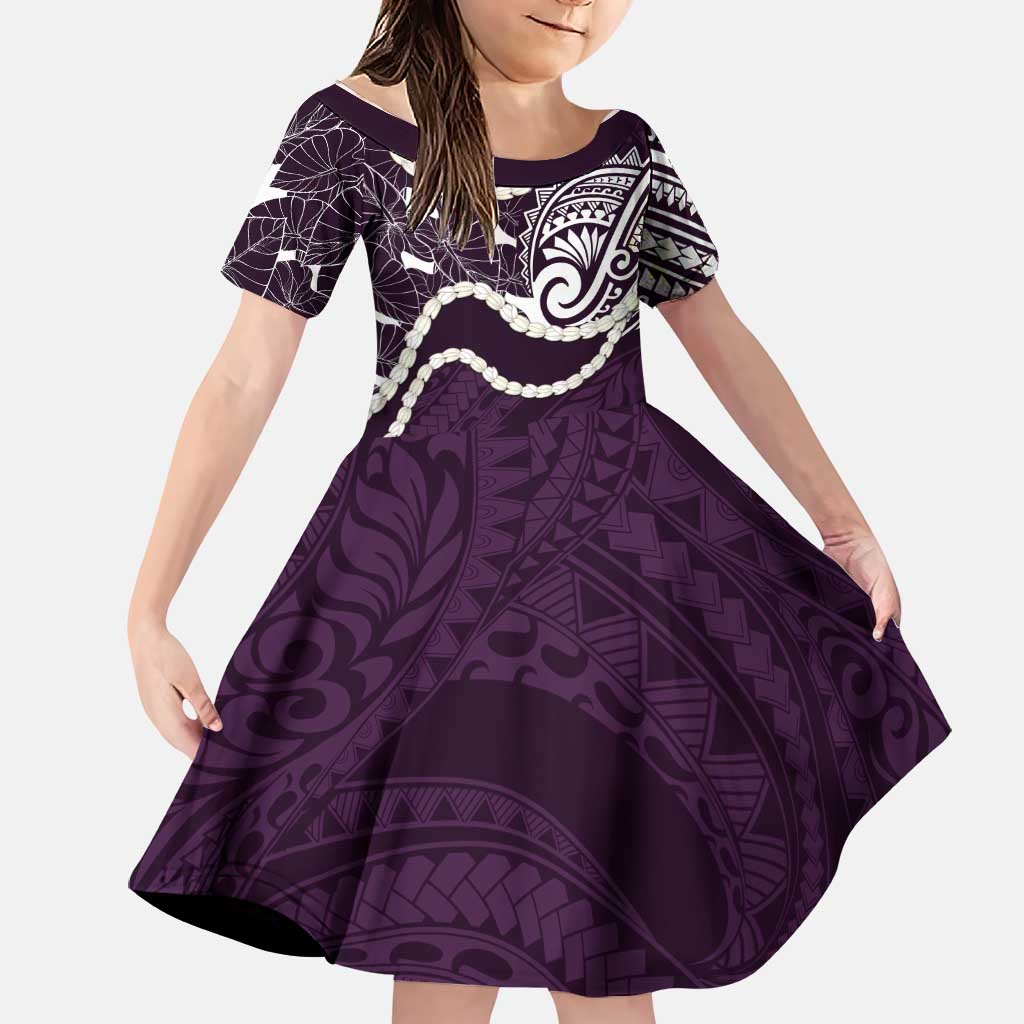 Aloha Hawaii Kalo Pikake Lei Family Matching Tank Maxi Dress and Hawaiian Shirt Chest Tattoo Purple Hawaiian Pattern LT14 Daughter's Dress Purple - Polynesian Pride