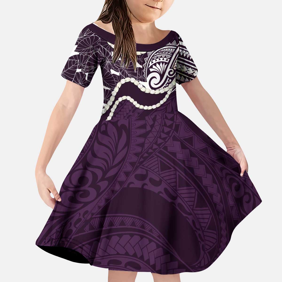 Aloha Hawaii Kalo Pikake Lei Kid Short Sleeve Dress Chest Tattoo Purple Hawaiian Pattern