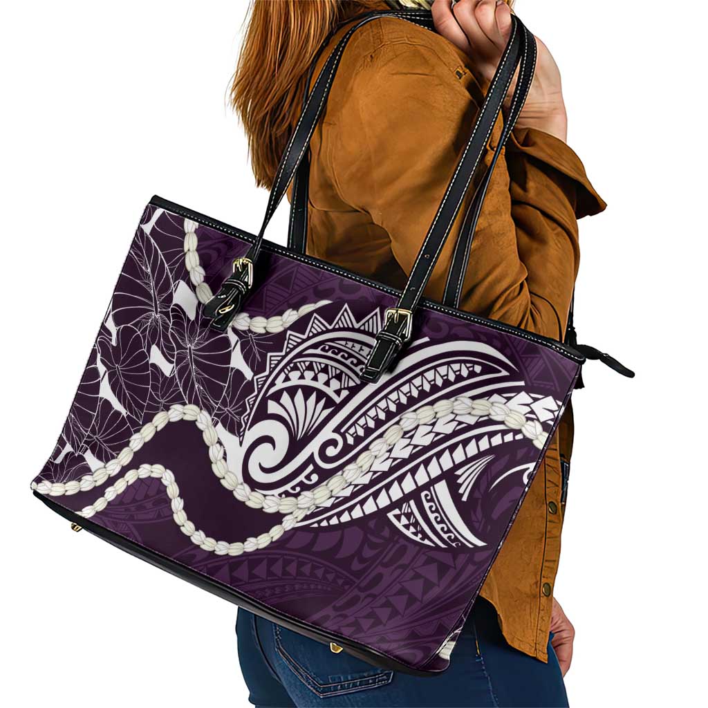 Aloha Hawaii Kalo Pikake Lei Leather Tote Bag Chest Tattoo Purple Hawaiian Pattern