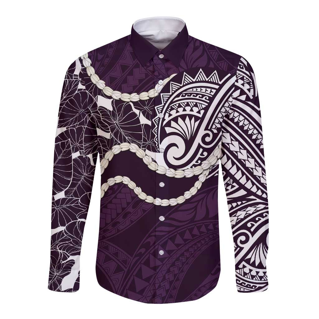 Aloha Hawaii Kalo Pikake Lei Long Sleeve Button Shirt Chest Tattoo Purple Hawaiian Pattern