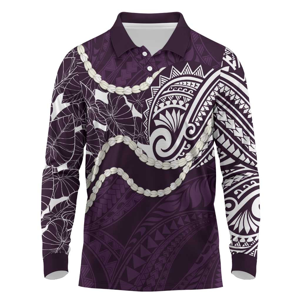 Aloha Hawaii Kalo Pikake Lei Long Sleeve Polo Shirt Chest Tattoo Purple Hawaiian Pattern