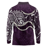 Aloha Hawaii Kalo Pikake Lei Long Sleeve Polo Shirt Chest Tattoo Purple Hawaiian Pattern