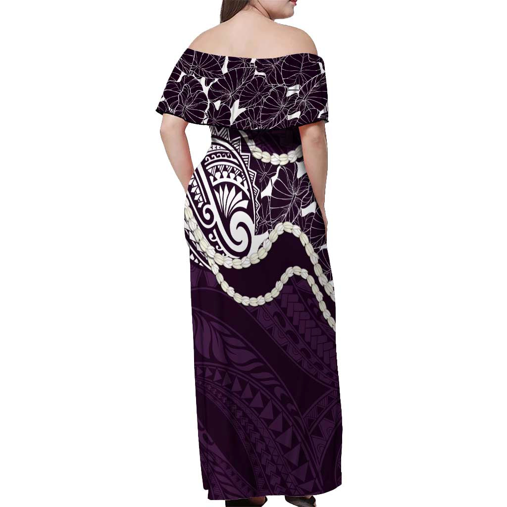Aloha Hawaii Kalo Pikake Lei Off Shoulder Maxi Dress Chest Tattoo Purple Hawaiian Pattern