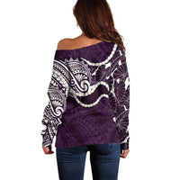 Aloha Hawaii Kalo Pikake Lei Off Shoulder Sweater Chest Tattoo Purple Hawaiian Pattern