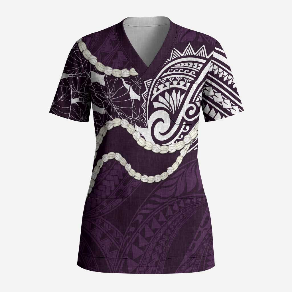 Aloha Hawaii Kalo Pikake Lei Scrub Top Chest Tattoo Purple Hawaiian Pattern