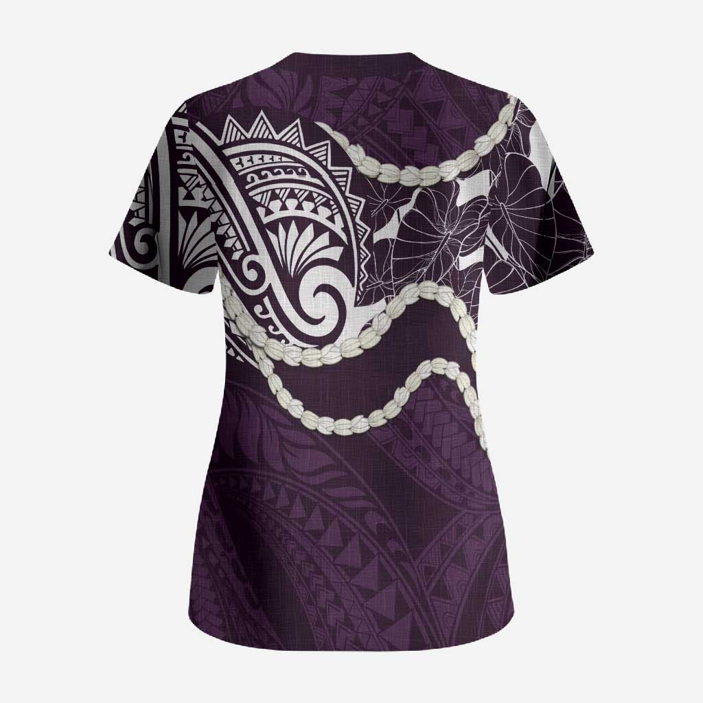 Aloha Hawaii Kalo Pikake Lei Scrub Top Chest Tattoo Purple Hawaiian Pattern