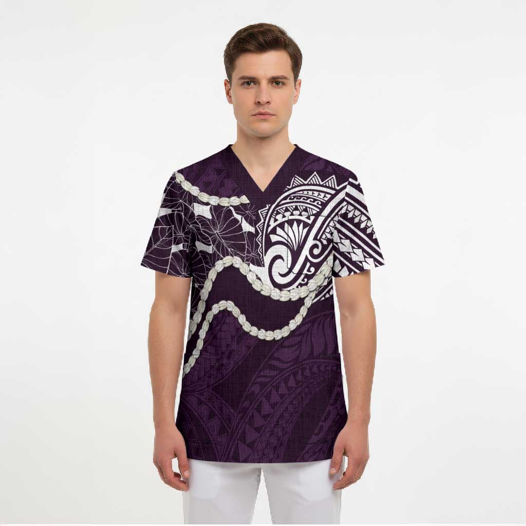 Aloha Hawaii Kalo Pikake Lei Scrub Top Chest Tattoo Purple Hawaiian Pattern