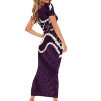 Aloha Hawaii Kalo Pikake Lei Short Sleeve Bodycon Dress Chest Tattoo Purple Hawaiian Pattern