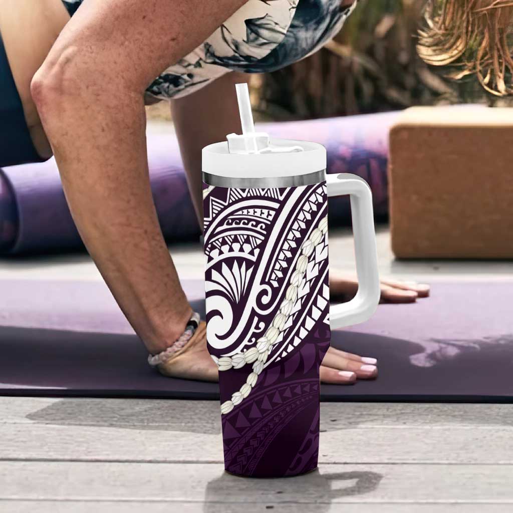 Aloha Hawaii Kalo Pikake Lei Tumbler With Handle Chest Tattoo Purple Hawaiian Pattern