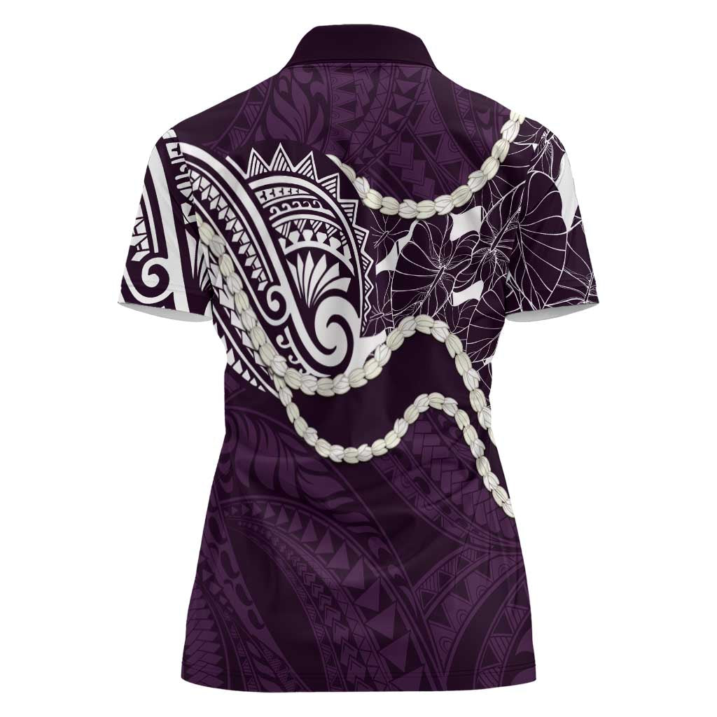 Aloha Hawaii Kalo Pikake Lei Women Polo Shirt Chest Tattoo Purple Hawaiian Pattern