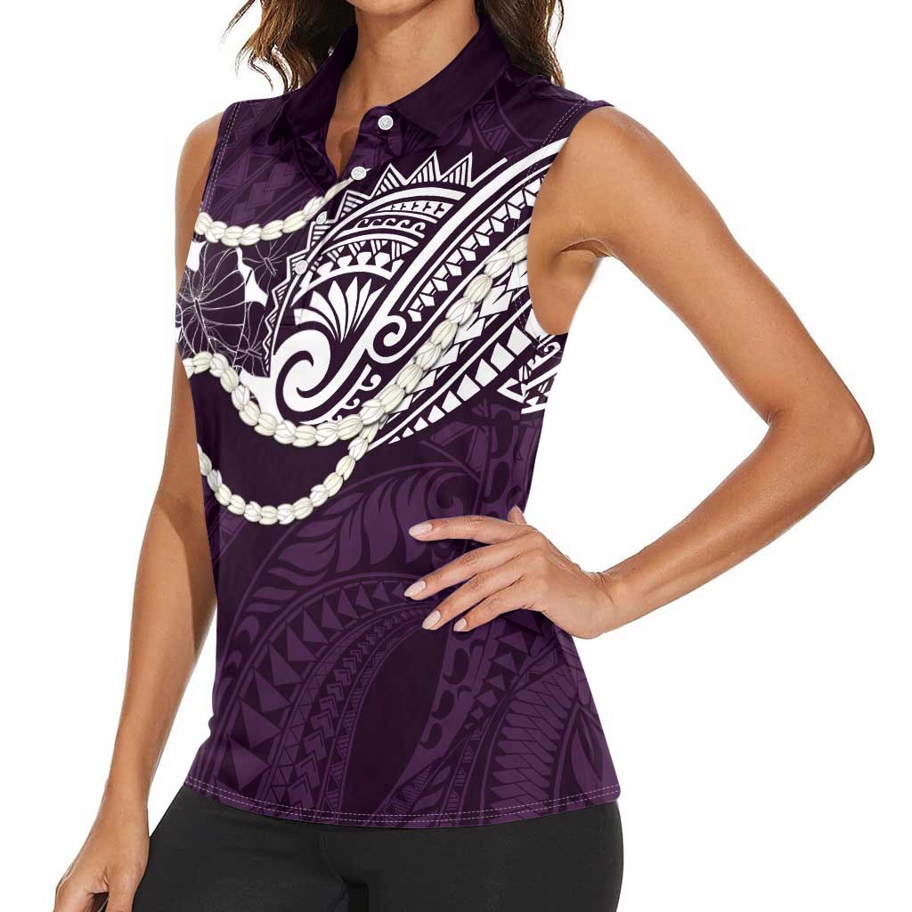 Aloha Hawaii Kalo Pikake Lei Women Sleeveless Polo Shirt Chest Tattoo Purple Hawaiian Pattern LT14 - Polynesian Pride