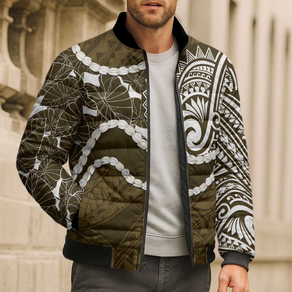 Aloha Hawaii Kalo Pikake Lei Bomber Puffer Jacket Chest Tattoo Gold Hawaiian Pattern
