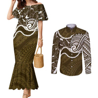 Aloha Hawaii Kalo Pikake Lei Couples Matching Mermaid Dress and Long Sleeve Button Shirt Chest Tattoo Gold Hawaiian Pattern LT14 Gold - Polynesian Pride