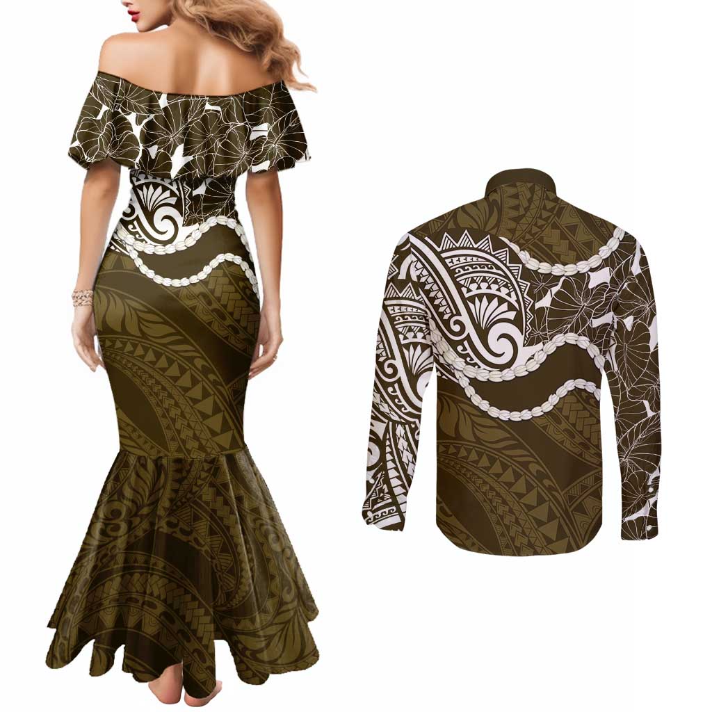 Aloha Hawaii Kalo Pikake Lei Couples Matching Mermaid Dress and Long Sleeve Button Shirt Chest Tattoo Gold Hawaiian Pattern LT14 - Polynesian Pride