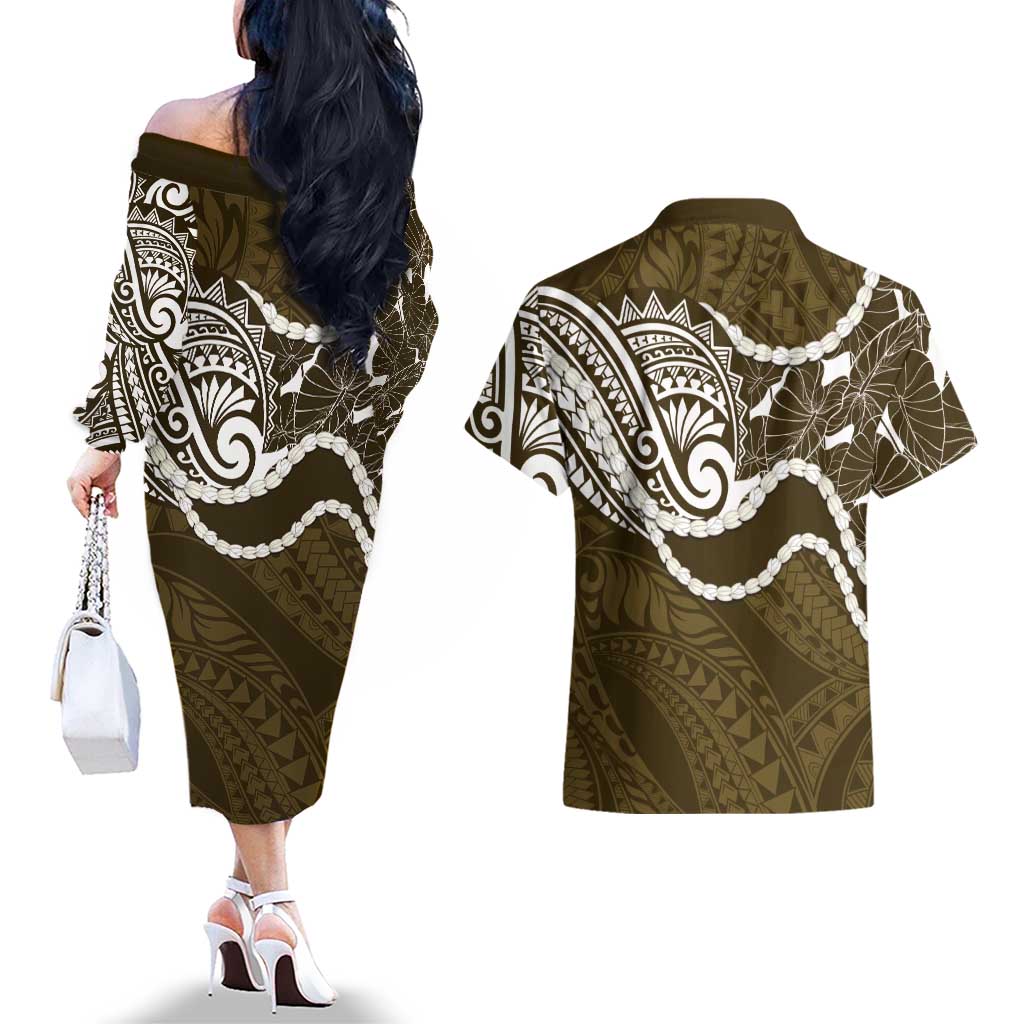 Aloha Hawaii Kalo Pikake Lei Couples Matching Off The Shoulder Long Sleeve Dress and Hawaiian Shirt Chest Tattoo Gold Hawaiian Pattern LT14 - Polynesian Pride