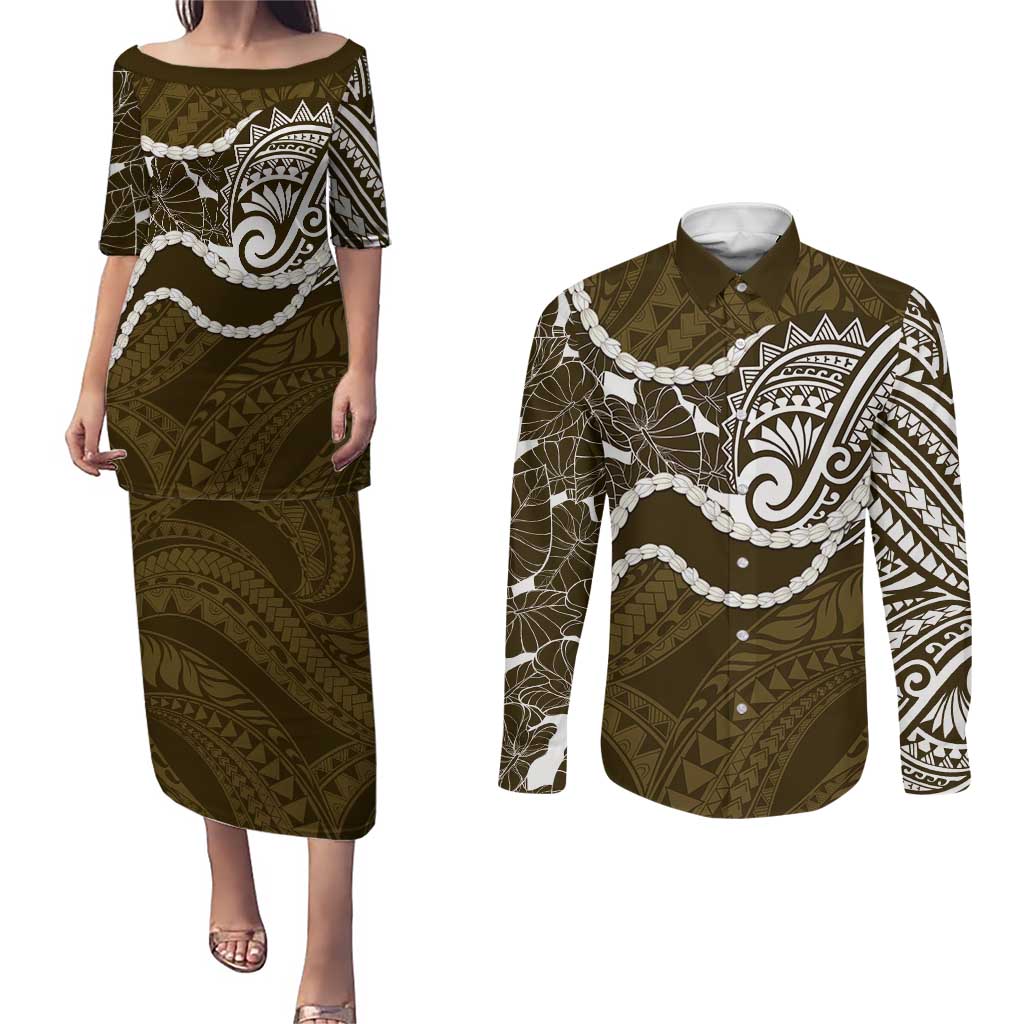 Aloha Hawaii Kalo Pikake Lei Couples Matching Puletasi and Long Sleeve Button Shirt Chest Tattoo Gold Hawaiian Pattern