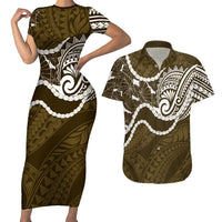 Aloha Hawaii Kalo Pikake Lei Couples Matching Short Sleeve Bodycon Dress and Hawaiian Shirt Chest Tattoo Gold Hawaiian Pattern LT14 Gold - Polynesian Pride