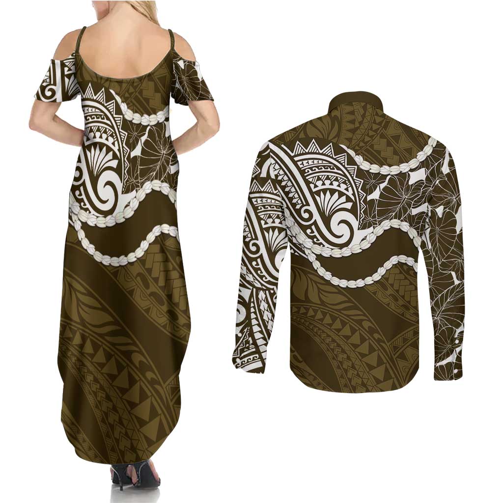 Aloha Hawaii Kalo Pikake Lei Couples Matching Summer Maxi Dress and Long Sleeve Button Shirt Chest Tattoo Gold Hawaiian Pattern
