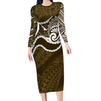 Aloha Hawaii Kalo Pikake Lei Family Matching Long Sleeve Bodycon Dress and Hawaiian Shirt Chest Tattoo Gold Hawaiian Pattern LT14 Mom's Dress Gold - Polynesian Pride