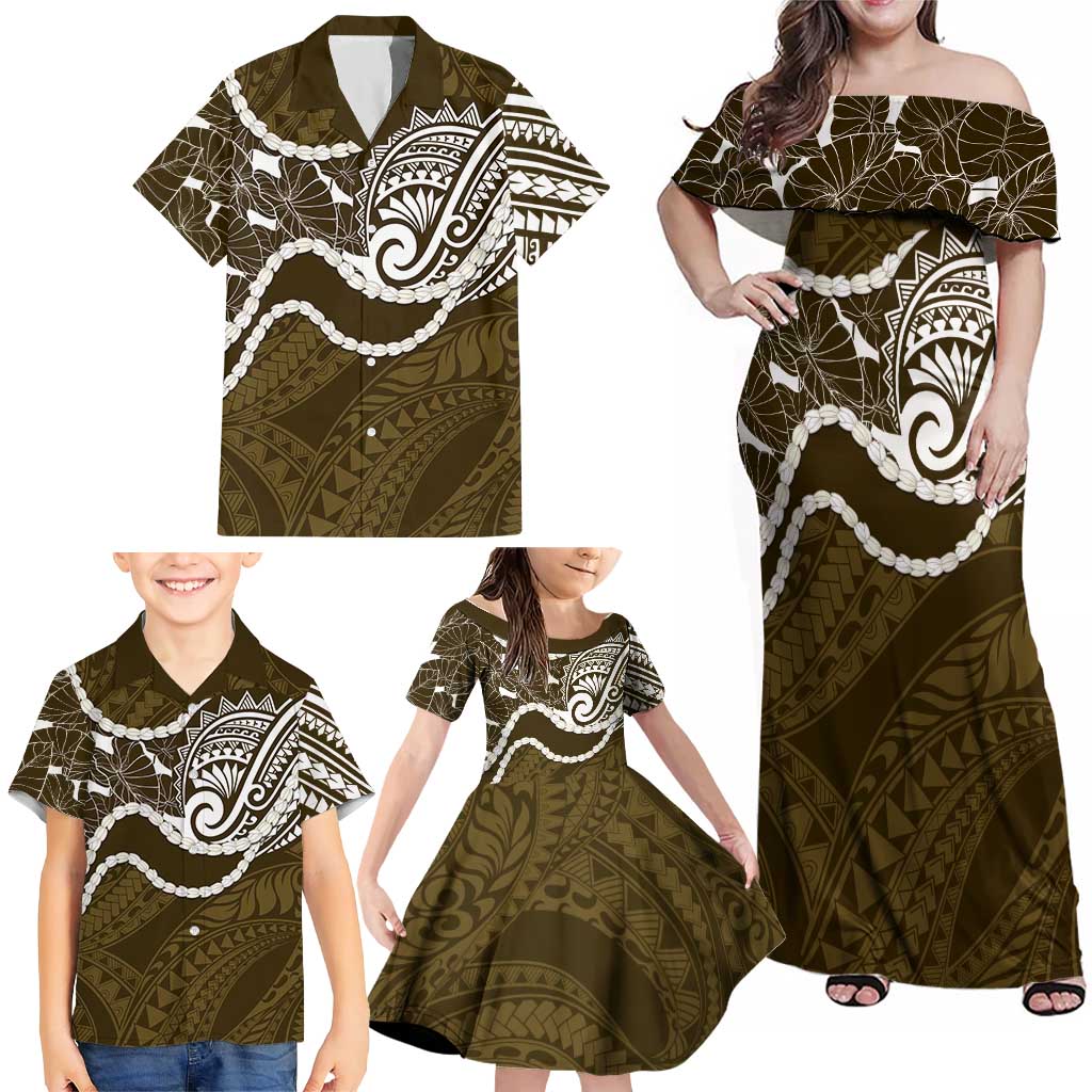 Aloha Hawaii Kalo Pikake Lei Family Matching Off Shoulder Maxi Dress and Hawaiian Shirt Chest Tattoo Gold Hawaiian Pattern
