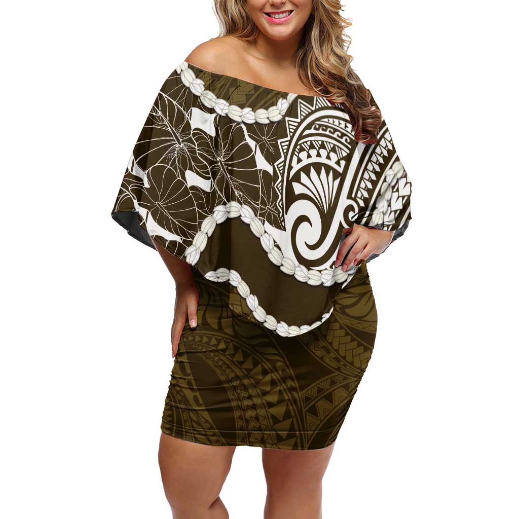 Aloha Hawaii Kalo Pikake Lei Family Matching Off Shoulder Short Dress and Hawaiian Shirt Chest Tattoo Gold Hawaiian Pattern LT14 Mom's Dress Gold - Polynesian Pride