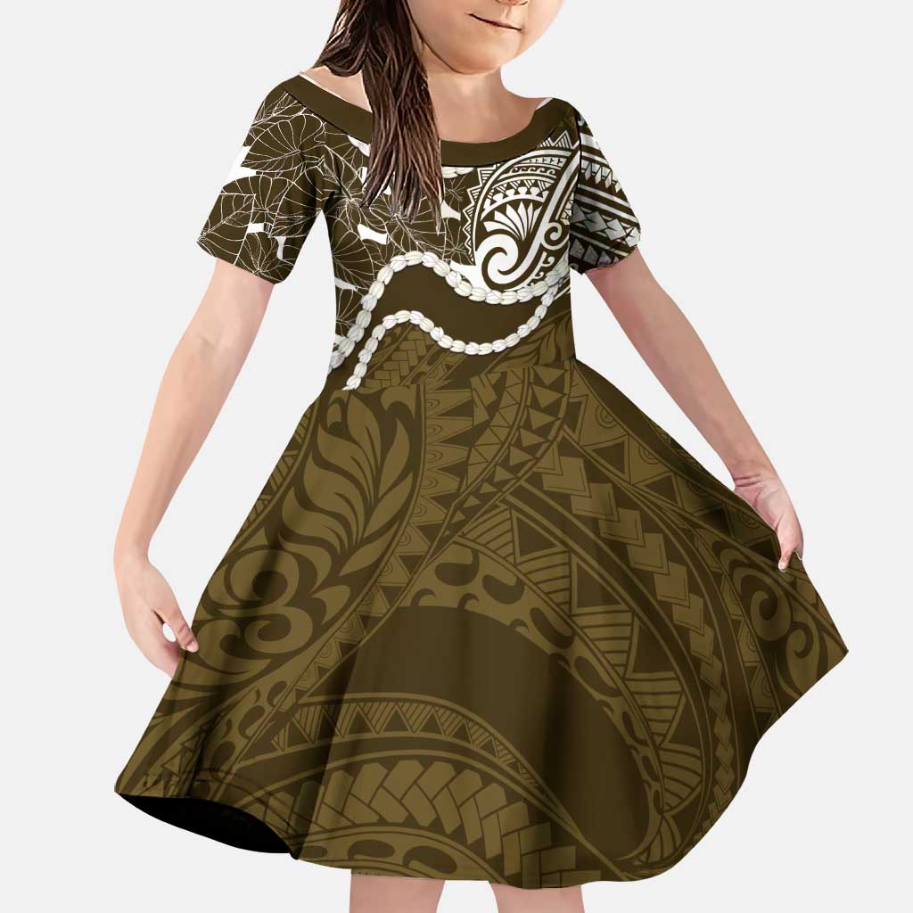 Aloha Hawaii Kalo Pikake Lei Family Matching Puletasi and Hawaiian Shirt Chest Tattoo Gold Hawaiian Pattern LT14 Daughter's Dress Gold - Polynesian Pride