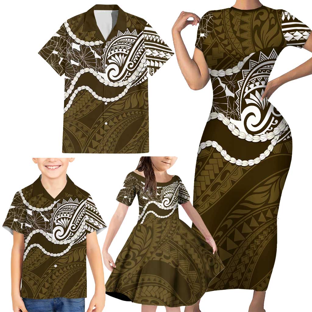 Aloha Hawaii Kalo Pikake Lei Family Matching Short Sleeve Bodycon Dress and Hawaiian Shirt Chest Tattoo Gold Hawaiian Pattern
