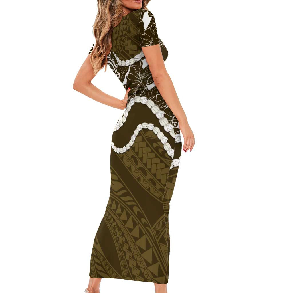 Aloha Hawaii Kalo Pikake Lei Family Matching Short Sleeve Bodycon Dress and Hawaiian Shirt Chest Tattoo Gold Hawaiian Pattern LT14 - Polynesian Pride