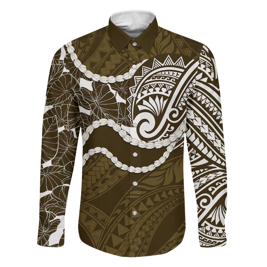 Aloha Hawaii Kalo Pikake Lei Family Matching Summer Maxi Dress and Hawaiian Shirt Chest Tattoo Gold Hawaiian Pattern LT14 Dad's Shirt - Long Sleeve Gold - Polynesian Pride