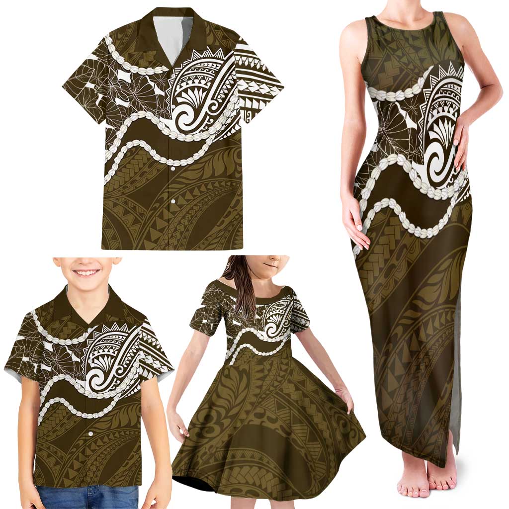 Aloha Hawaii Kalo Pikake Lei Family Matching Tank Maxi Dress and Hawaiian Shirt Chest Tattoo Gold Hawaiian Pattern