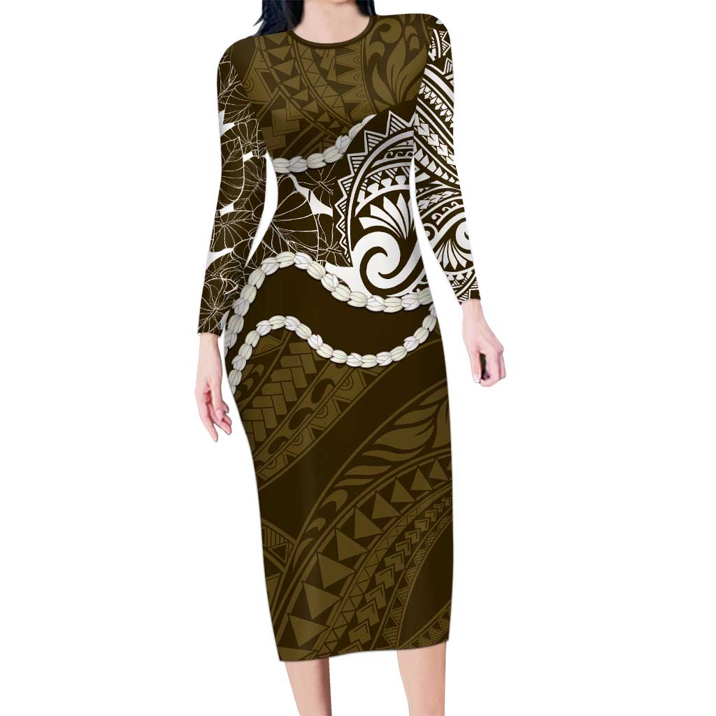 Aloha Hawaii Kalo Pikake Lei Long Sleeve Bodycon Dress Chest Tattoo Gold Hawaiian Pattern