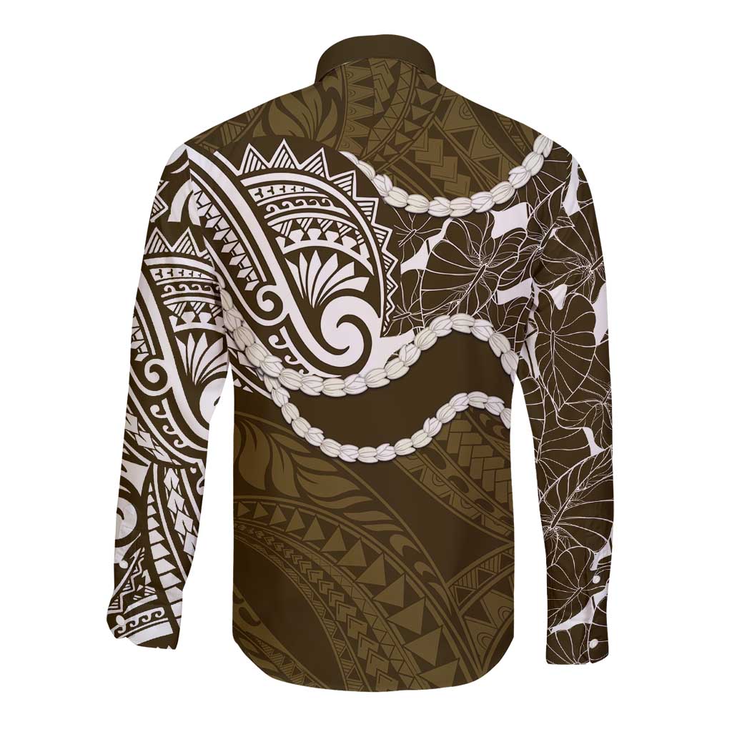 Aloha Hawaii Kalo Pikake Lei Long Sleeve Button Shirt Chest Tattoo Gold Hawaiian Pattern