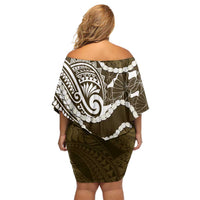 Aloha Hawaii Kalo Pikake Lei Off Shoulder Short Dress Chest Tattoo Gold Hawaiian Pattern