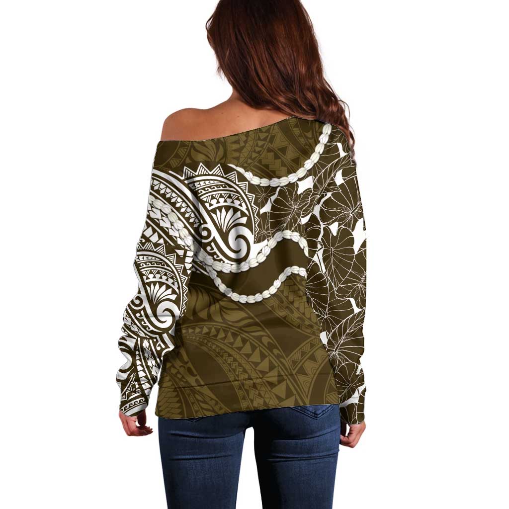 Aloha Hawaii Kalo Pikake Lei Off Shoulder Sweater Chest Tattoo Gold Hawaiian Pattern